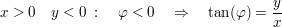 $ x>0\quad y<0\ :\quad \varphi<0\quad \Rightarrow\quad \tan(\varphi)=\bruch{y}{x} $ $ x>0\quad y<0\ :\quad \varphi<0\quad \Rightarrow\quad \tan(\varphi)=\bruch{y}{x} $
